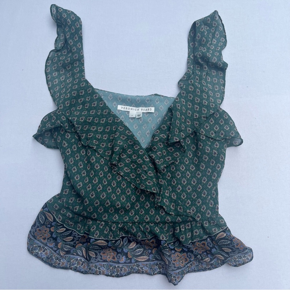 Veronica Beard Randa 100% SILK Green Paisley Ruffle Trim Summer Chic Top Size 4